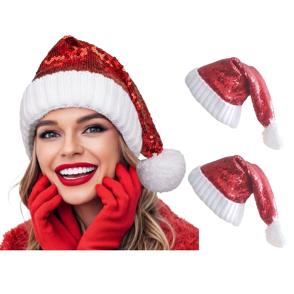 8704 Sequin Santa Hat Knitted Xmas Beanie Adult Glitter Christmas Hats